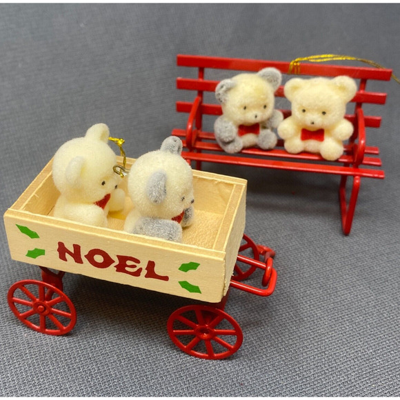 VTG Avon Flocked Christmas Ornaments Teddies in Wagon Teddy Bear on Bench NOEL - Picture 6 of 12
